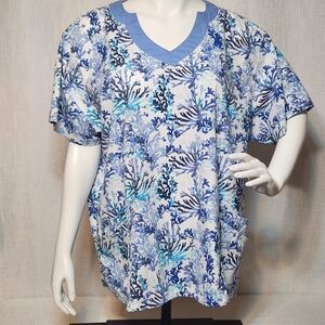 Butter Soft Blue Coral Scrubs Top 2X Beach Vibe Summer